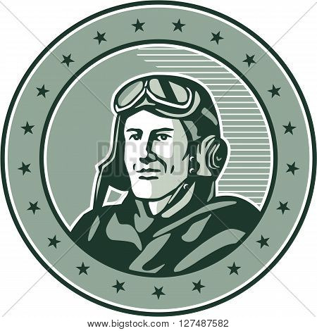 Illustration of a vintage world war one pilot airman aviator bust smiling set inside circle with stars done in retro style.