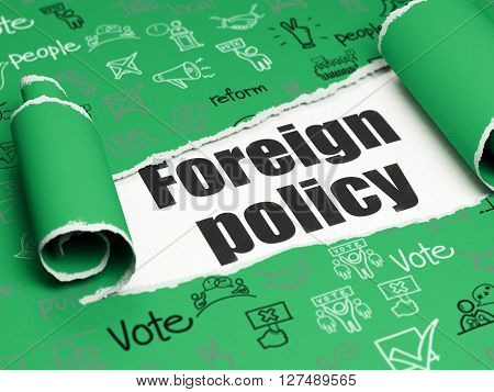 Political concept: black text Foreign Policy under the curled piece of Green torn paper with  Hand Drawn Politics Icons, 3D rendering