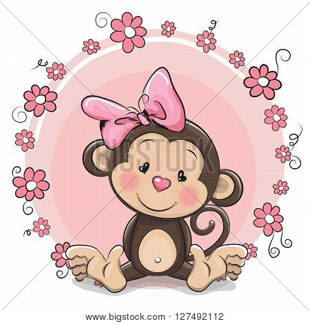 Greeting card cute Cartoon Monkey girl with flowers