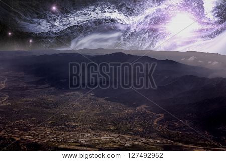 Beautiful aerial view of the rocky mountains with starscape