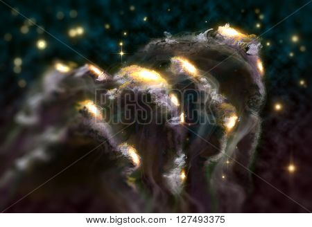 Giant universe starscape 3D illustration with colorful space clouds