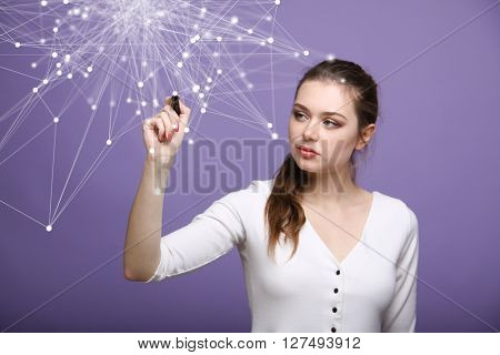 Global network connection concept, woman working with futuristic computer interface.