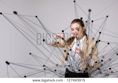 Global network connection concept, woman working with futuristic computer interface.