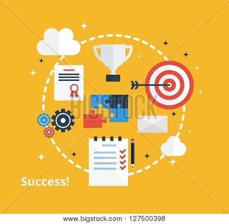 Success and achievement concept. Vector icons of purpose, plan, cup in flat style. Business success in company illustration.