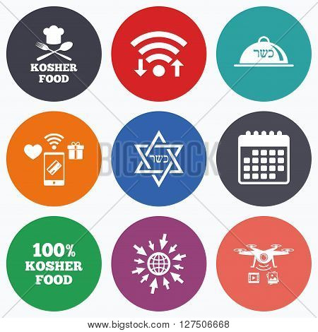 Wifi, mobile payments and drones icons. Kosher food product icons. Chef hat with fork and spoon sign. Star of David. Natural food symbols. Calendar symbol.