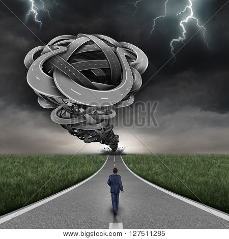 Incoming danger business concept and financial risk path as a group of 3D illustration twisted roads shaped as a dangerous tornado with a bold businessman walking towards the risk without fear as a symbol of courage.
