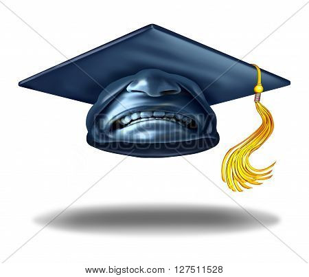 Education failure and horrible teaching symbol as a graduation hat or mortar cap with an expression of disgust as a learning challenge metaphor as a 3D illustration.