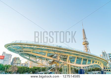 NAGOYA, JAPAN - FEB 07: Oasis 21 in Nagoya, Japan on FEB 07, 2016. A shopping complex nearby Nagoya Tower, its large oval glass roof structure floats above ground level