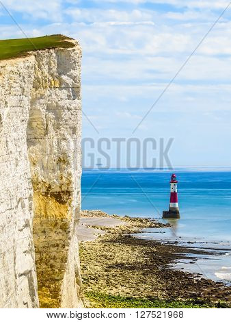 White chalk cliffs and aerial view of the Beachy Head Lighthouse Eastbourne East Sussex England