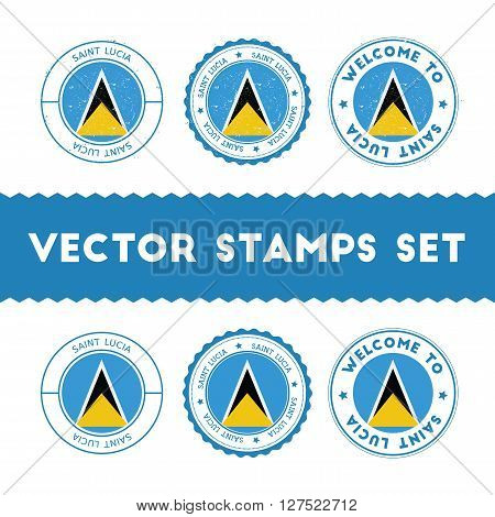 Saint Lucian Flag Rubber Stamps Set. National Flags Grunge Stamps. Country Round Badges Collection.