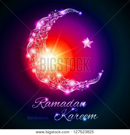 Glowing ornate crescent with star and bright flare. Illustration in purple red and blue shades. Greeting card of holy Muslim month Ramadan