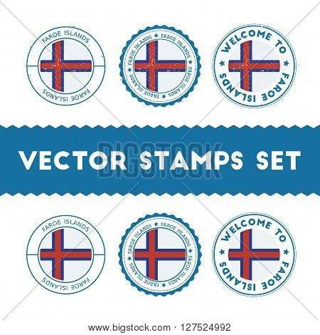 Faroese Flag Rubber Stamps Set. National Flags Grunge Stamps. Country Round Badges Collection.
