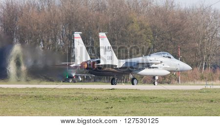 Leeuwarden, Netherlands - April 11, 2016: Us Air Force F-15 Eagle Takking Off During The Exercise Fr