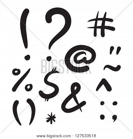 Computer Symbols Vector Hand Drawn Illustration. Black Lines On White Background. Dollar, Exclamatio