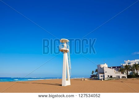 Denia beach Las Marinas baywatch tower in El Moli Alicante of Spain