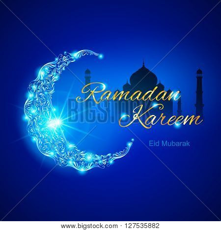Glowing ornate crescent with mosque and bright flare. Illustration in blue shades. Greeting card of holy Muslim month Ramadan