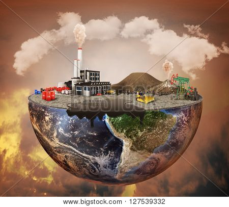 Pollution concept. Plant machinery petroleum emissions dirty air landfill. Plant with vulcans and oil spot on the half of planet. Save the planet. 3D Illustration