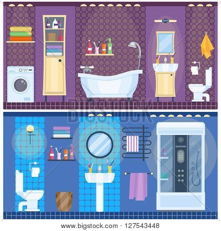 Set of modern bathroom interior in flat style. Bathroom design. Home interior. Bathtub and shower, toilet and cabinet, sink and mirror, lamps and towels. Vector illustration.