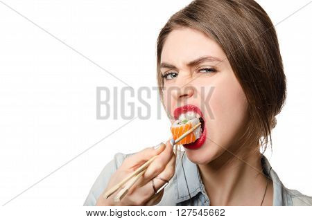 Beauty Woman eating Sushi on white background