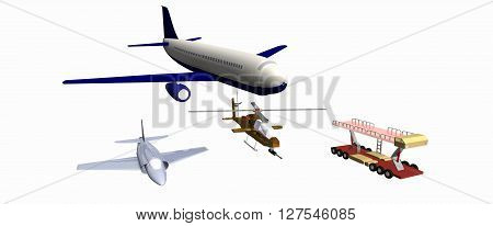 two combat aircraft, one combat helicopter, mechanical trail. low-poly 3D models. 737, A4E, mechanical trail, AH-1F cobra. 3D rendering, 3D illustration