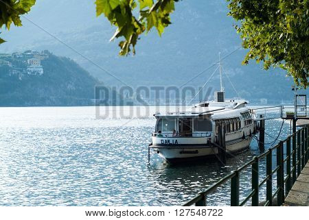 Lecco, Italy - September 1st 2015: Boat Dalia parked near Lecco Italy photographed on September 1st 2015.