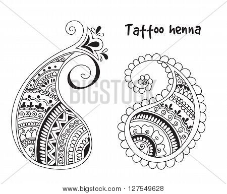 Vector abstract pattern of tattoo henna paisley. Stock mehndi illustration for design on white background - indian cucumbers.