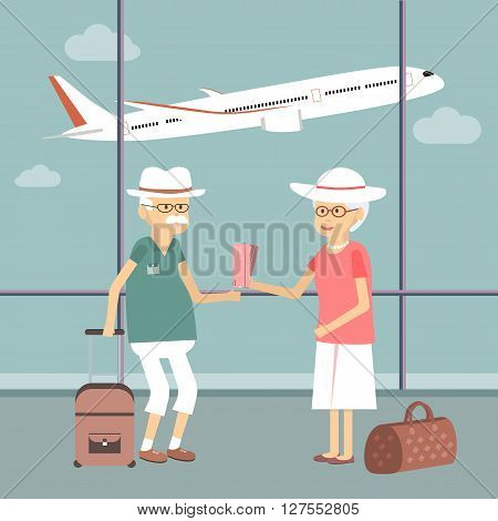 Senior couple with bags at airport. Vector concept illustration of older travelers and tourism