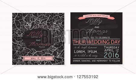 Vintage wedding invitation with floral background. card chalkboard design