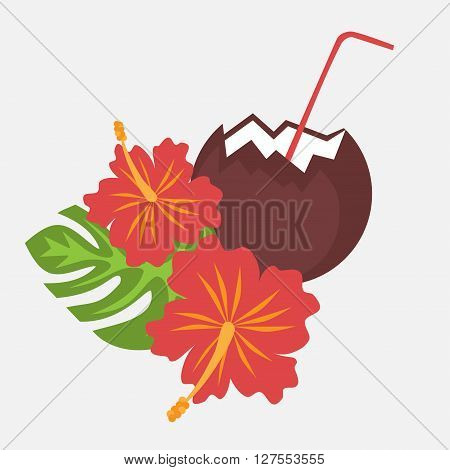 Poster with tropical palm leaves and flowers hibiscus flower hawaii with coconut drink, exotic summer flower background