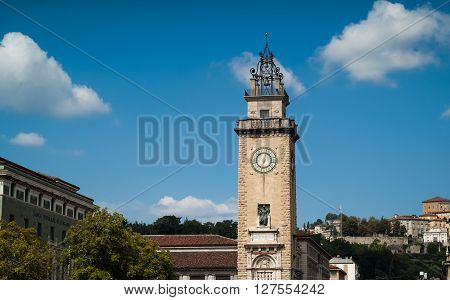 Bergamo, Italy - September 9th 2015: bell tower monument dedicated to the victims of WW1 (Caduti I Guerra Mondiale 1915 - 1918) in Bergamo Italy. The text says approx. 