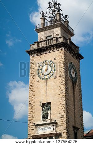 Bergamo, Italy - September 9th 2015: bell tower monument dedicated to the victims of WW1 (Caduti I Guerra Mondiale 1915 - 1918) in Bergamo Italy. The text says approx. 