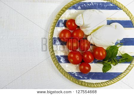 Traditional italian mozzarella buffala with tomatoes and basil on blue-white plate copy space