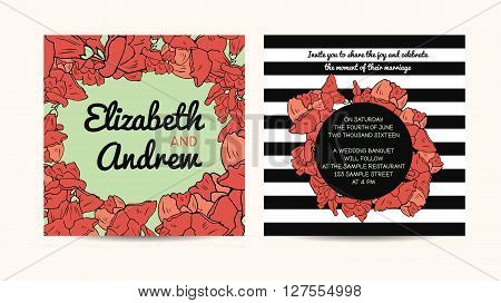 Wedding invitation card with floral and striped background
