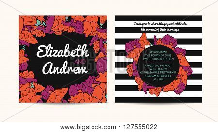 Wedding invitation card with floral and striped background