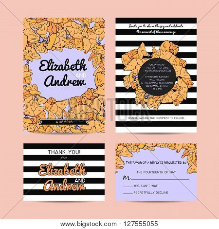 wedding set with invitation and rsvp cards floral and striped background