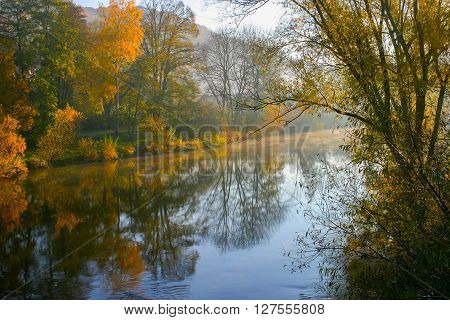 idyllic scenery around the Kocher river in Hohenlohe a district in Southern Germany