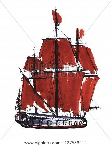 Marker sketch of the boat. Scarlet sails
