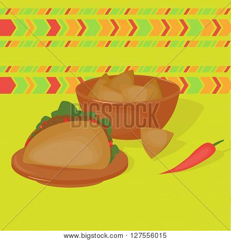 Mexican traditional food set, traditional cusine of Mexico, latino fast food menu takos and nachos, restaurant meal