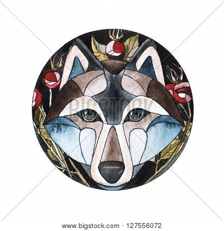 watercolor illustration. cute wolf with briar branch