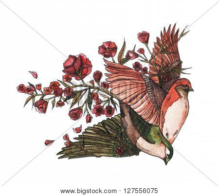 beautiful watercolor illustration of flying birds and flowers