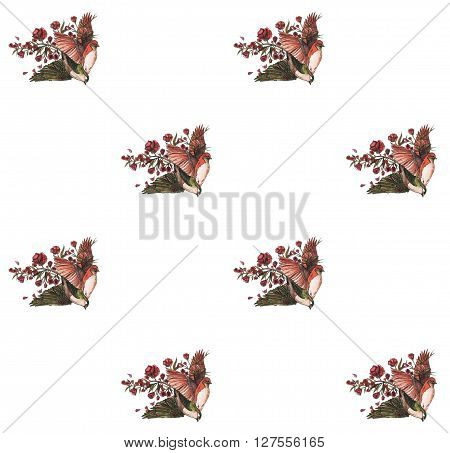 seamless pattern. watercolor illustration of flowers and flying birds