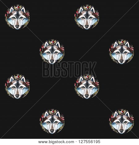 seamlees pattern. watercolor illustration of cute wolf with briar brunch