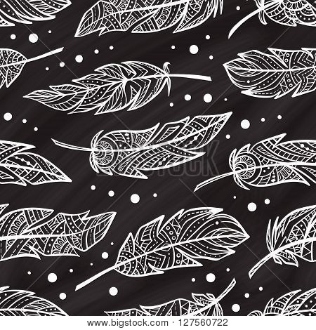 Vector zendoodle feathers seamless pattern on a chalkbord background. Boho style.