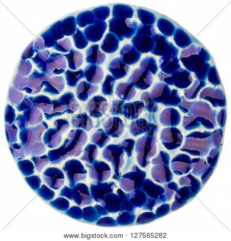 Blue handmade glazed ceramic circle isolated on white background