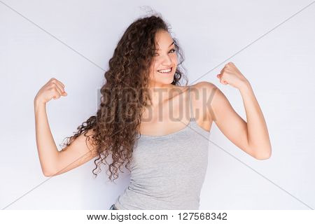 smile happy woman young curls beautiful background