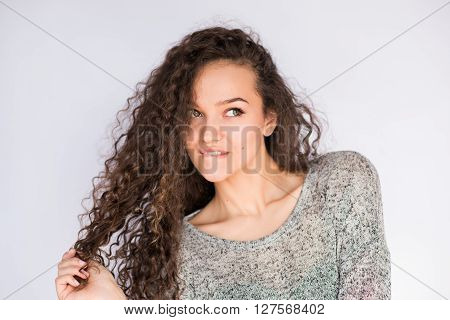 smile happy woman young curls beautiful background