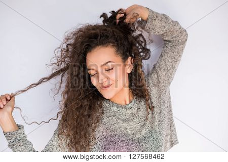 smile happy woman young curls beautiful background