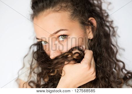 smile happy woman young curls beautiful background