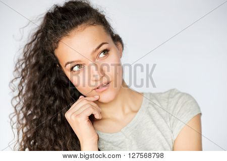 smile happy woman young curls beautiful background