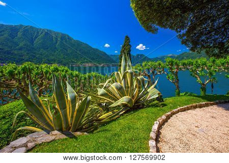 View to lake Como and Alpine mountains in Lombardy region Italy